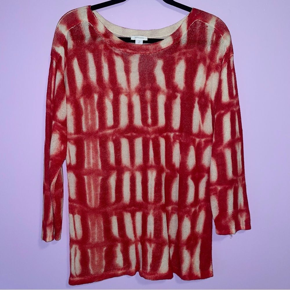 Chico's M Linen Blend Knit Sweater Boho Red White Tie Dye